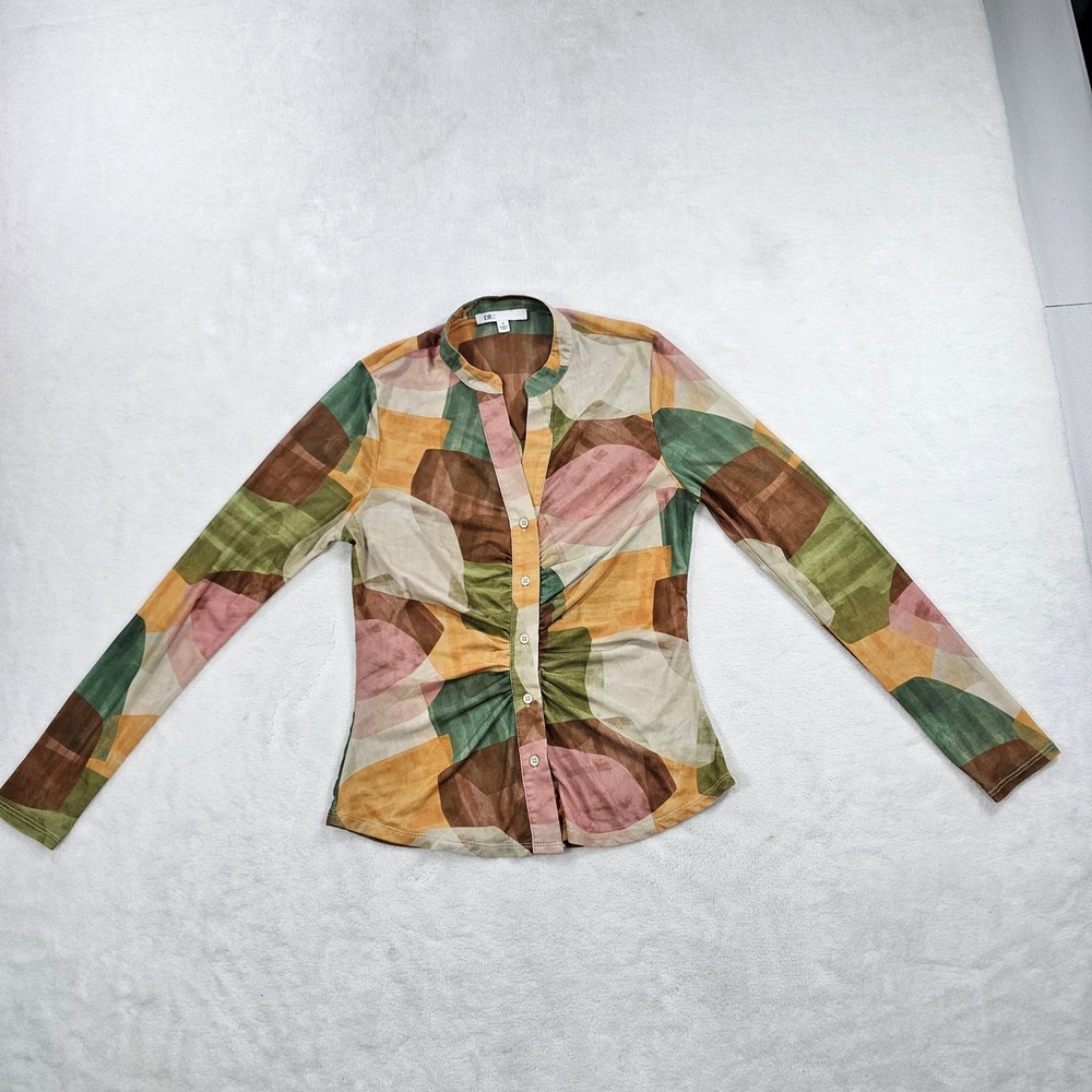 DR2 Abstract Geometric Mesh Top Womens Small Multicolor Excellent Ruched Blouse
